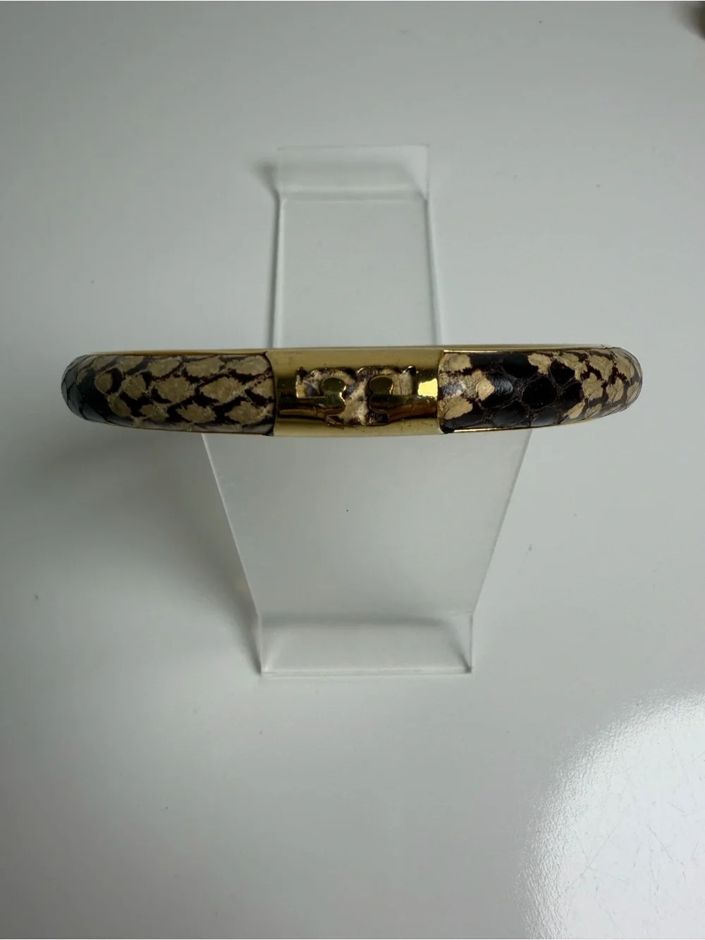 Tory Burch Women’s Leather Inlay Snake Print Gold Double T Bangle Bracelet